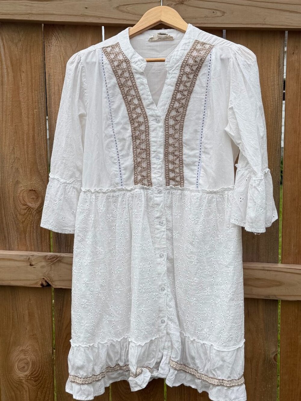 Dress Naoo White Eyelet Embroidered Mini Dress Large Boho Cottagecore Bell Sleev